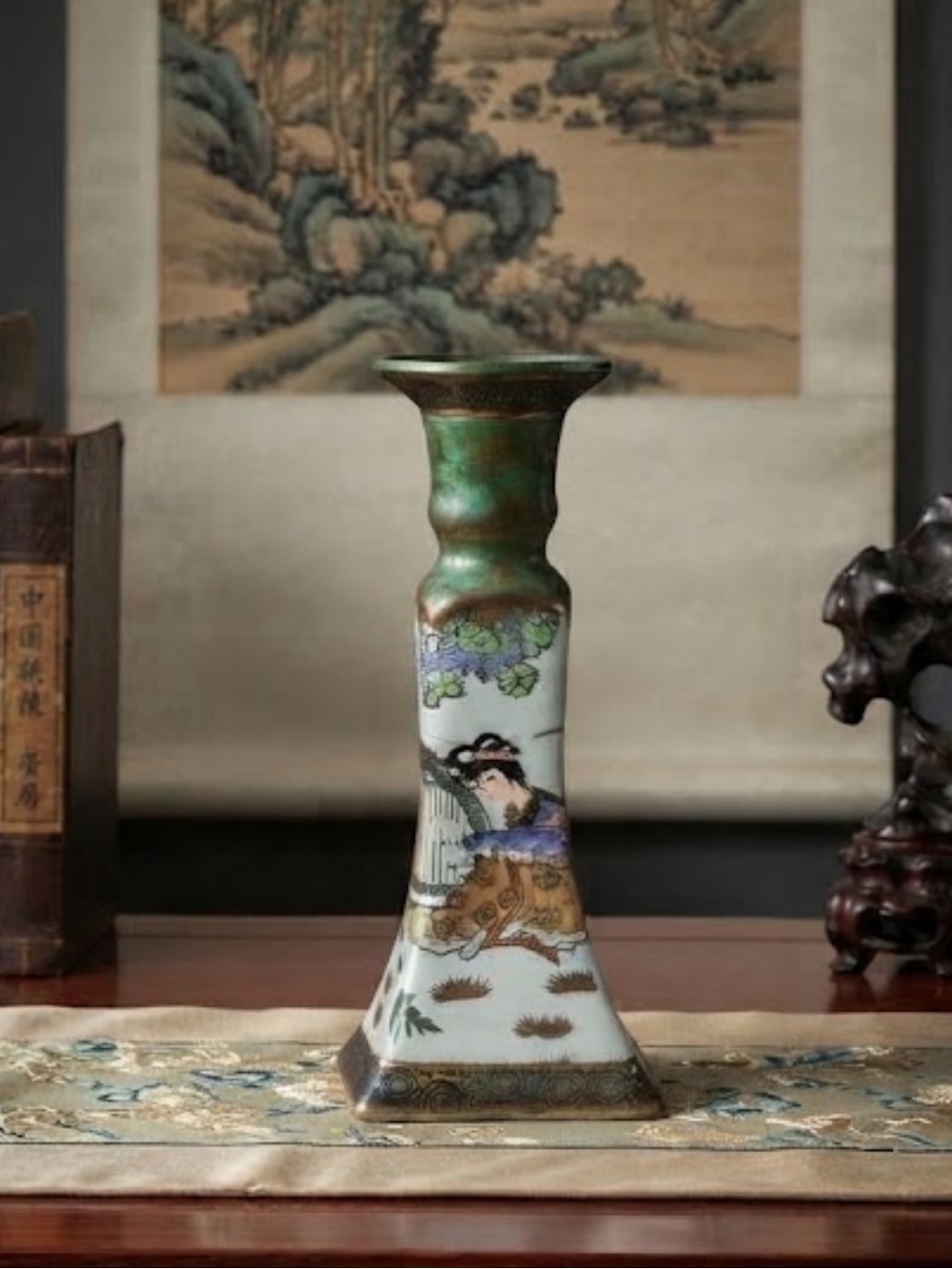 VINTAGE Asian Porcelain candle holders 8.5" Tall hand painted